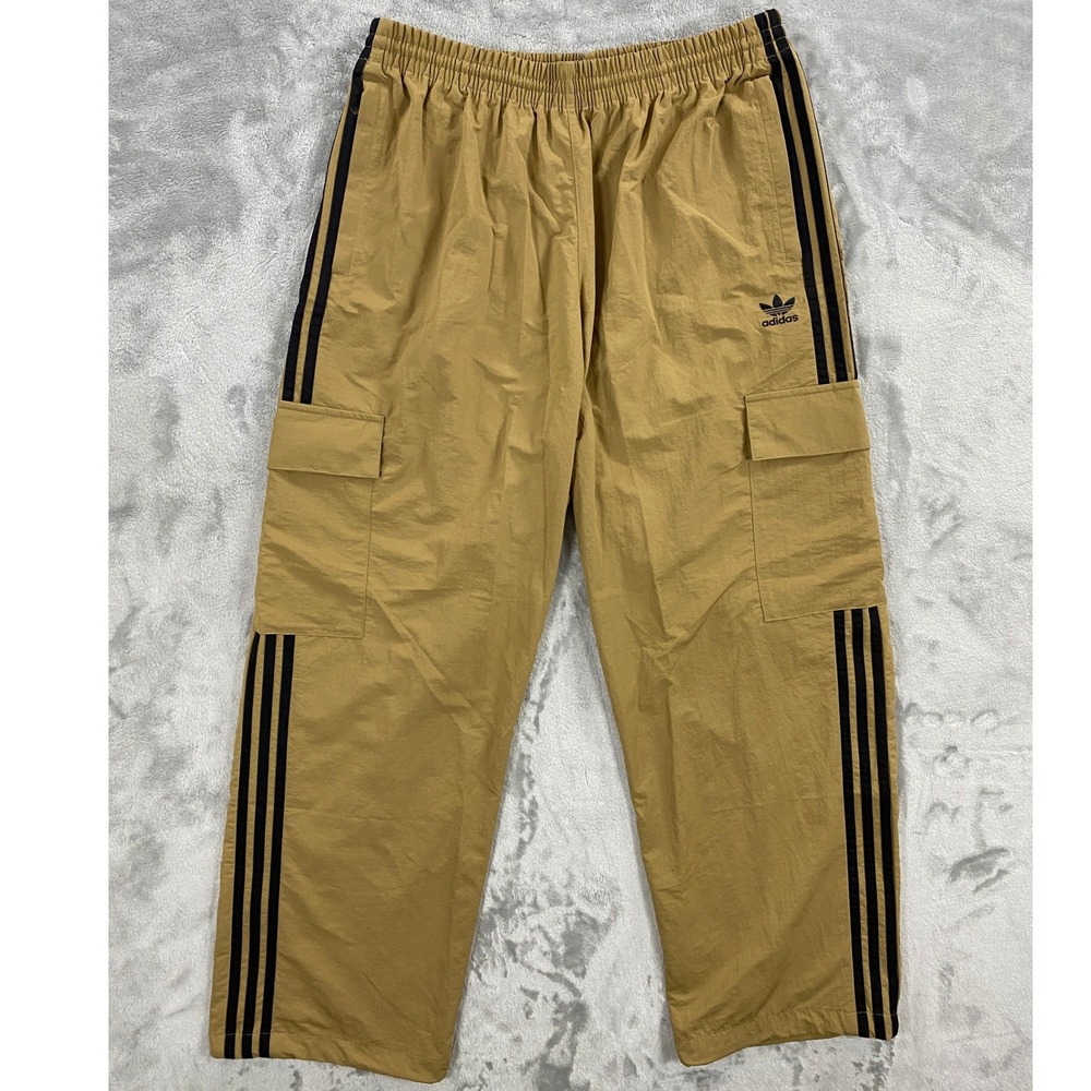 Adidas 3Stripe Cargo Windbreaker Track Pants Men L Tan Wide Leg Baggy Streetwear